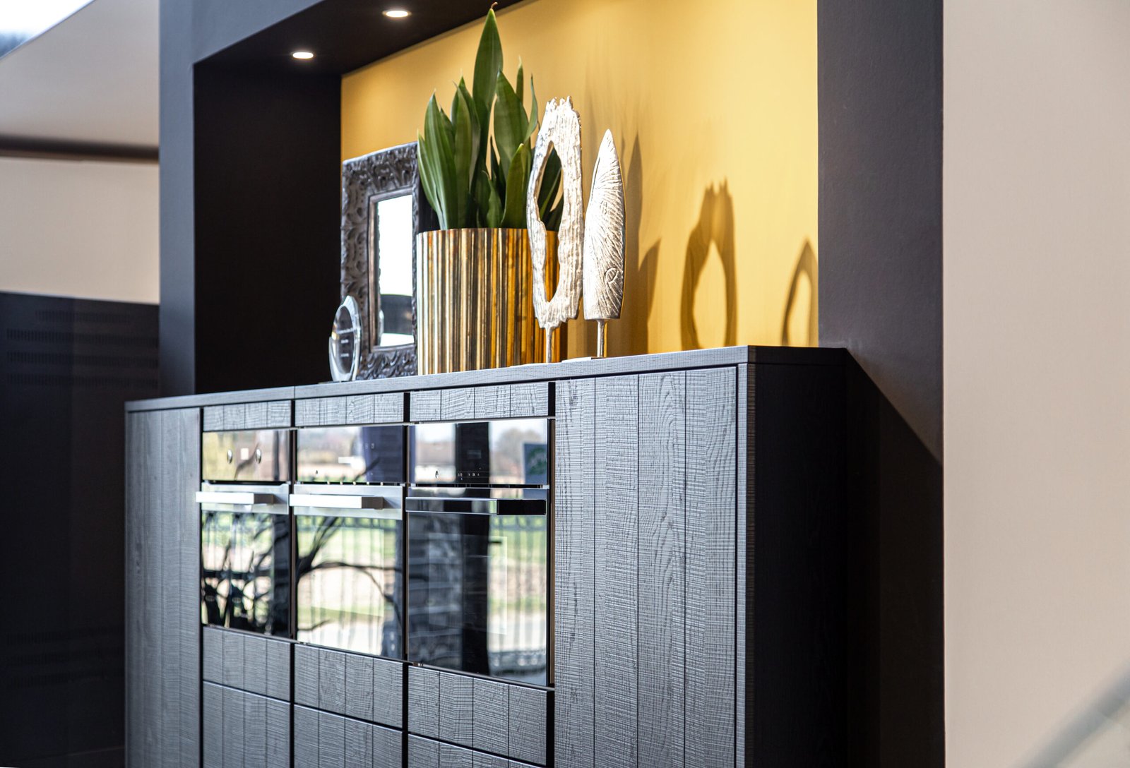 Detail of home interior, part of kitchen interior with ovens, modern style.